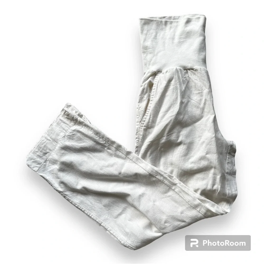 Maternity white Linen wide leg pants size 6 fold over waistband Beach Summer - Picture 1 of 6